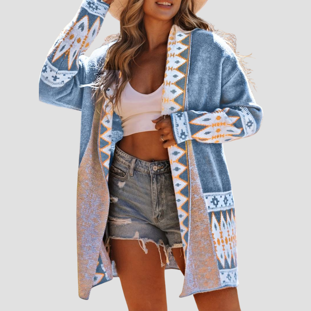 Noelle - Women's blue aztec cardigan sweater