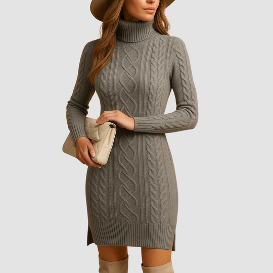 Chunky knit turtleneck sweater dress for women