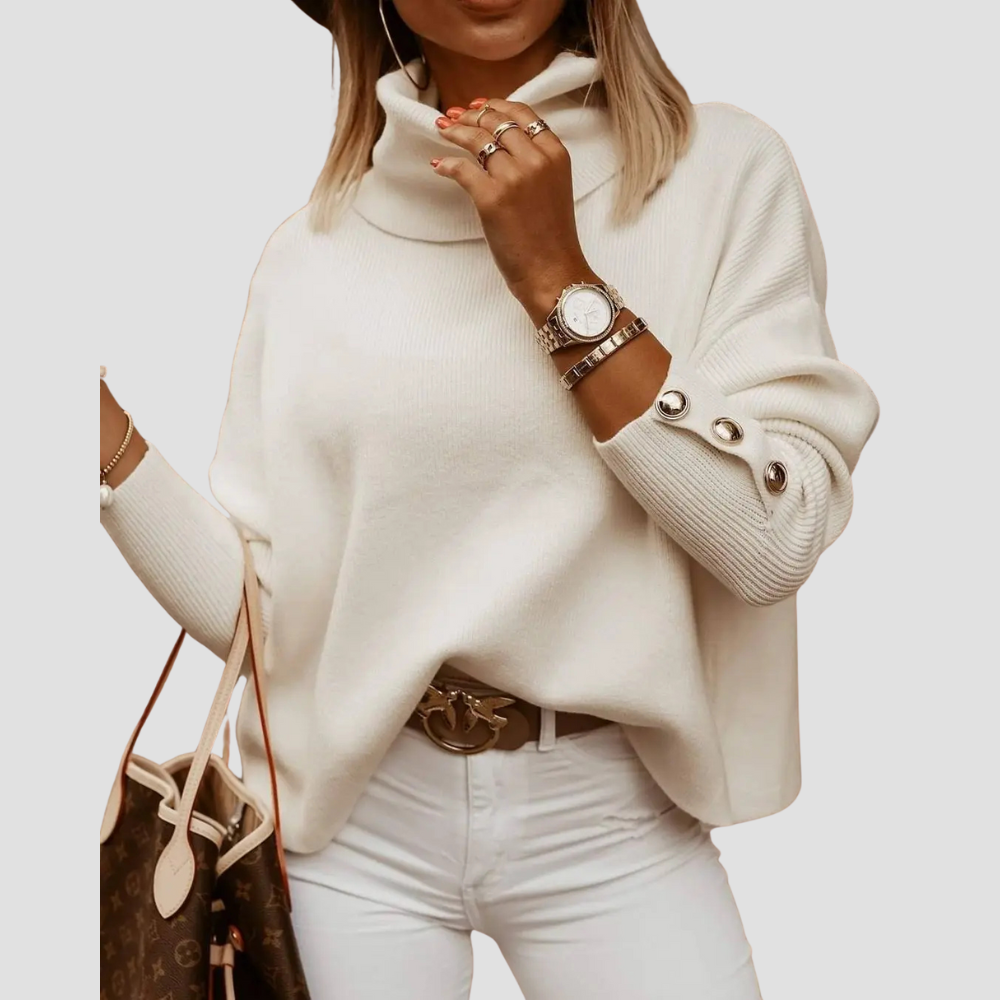 Sarah - Women's Turtleneck Sweater - Ribbed Knit - Button Cuff Detail - Cozy Loose Fit