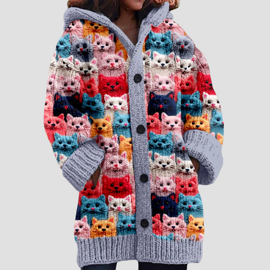 Women's Hooded Cardigan with Colorful Cat Print