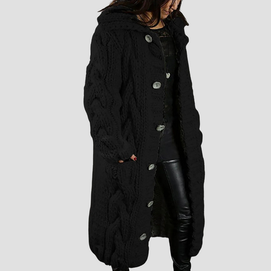 Louise - Women’s Chunky Knit Hooded Cardigan Coat, Long Cable Knit Sweater Jacket with Buttons