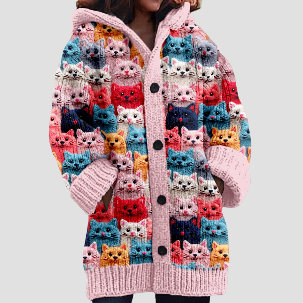 Women's Hooded Cardigan with Colorful Cat Print