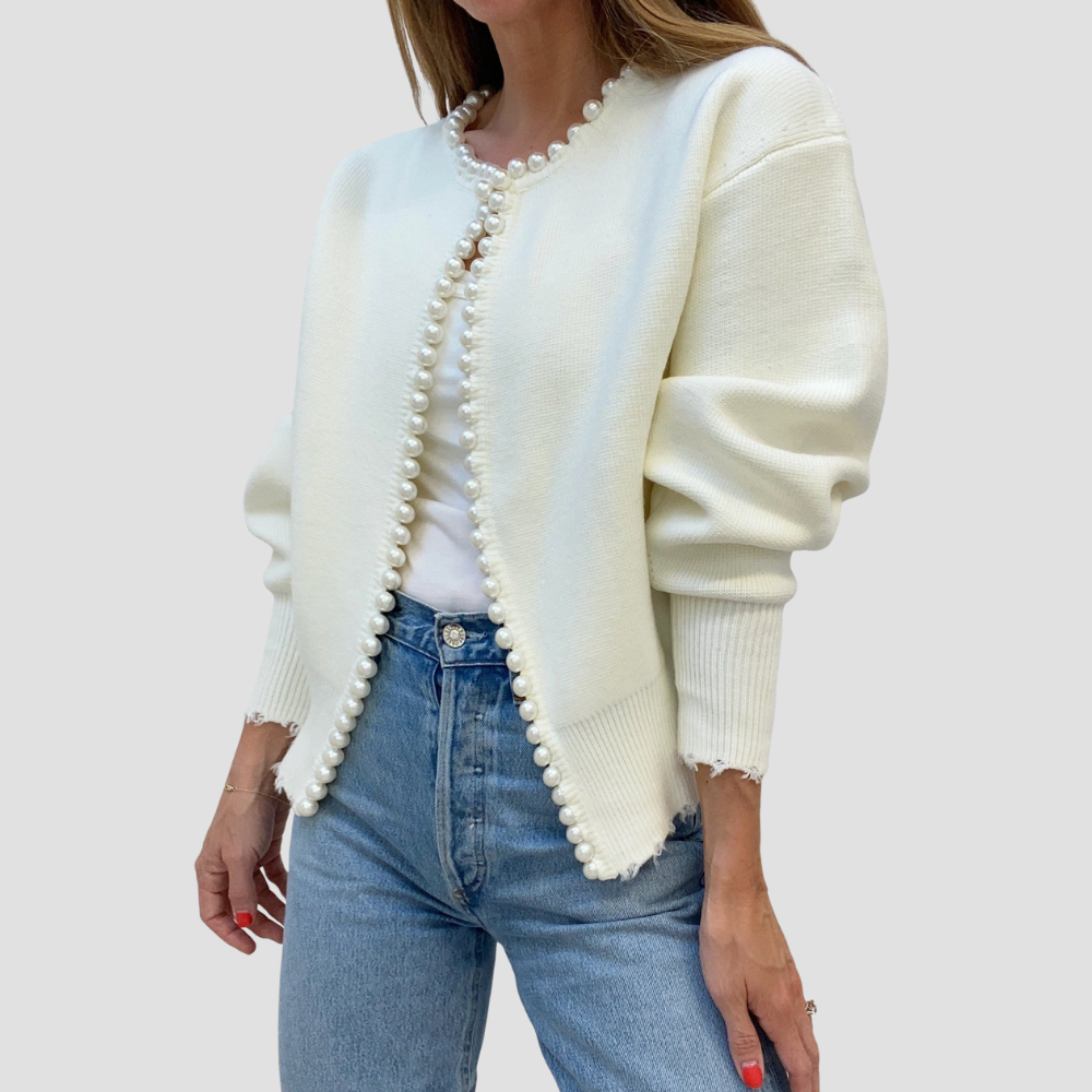 Milena - Pearl Trim Ripped Hem Cardigan
