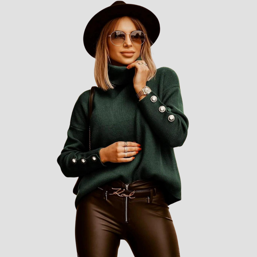 Sarah - Women's Turtleneck Sweater - Ribbed Knit - Button Cuff Detail - Cozy Loose Fit