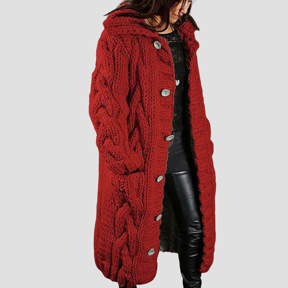 Louise - Women’s Chunky Knit Hooded Cardigan Coat, Long Cable Knit Sweater Jacket with Buttons
