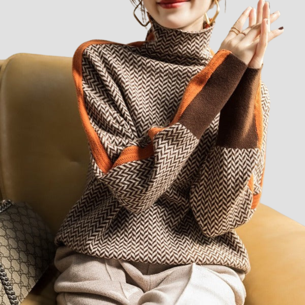 Mary - Women’s Turtleneck Sweater - Herringbone Knit - Relaxed Fit - Contrast Sleeve Stripes