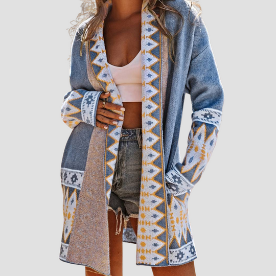 Noelle - Women's blue aztec cardigan sweater