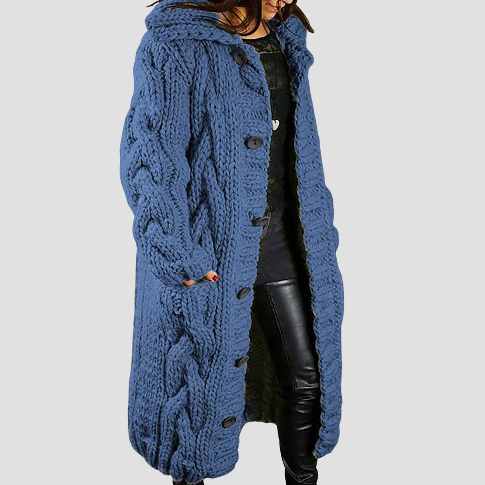 Louise - Women’s Chunky Knit Hooded Cardigan Coat, Long Cable Knit Sweater Jacket with Buttons