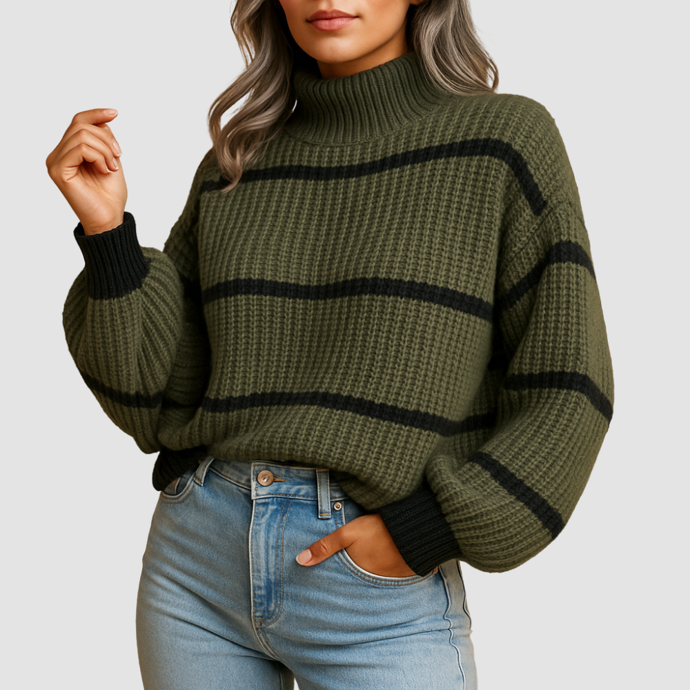 Striped high neck knit sweater for women
