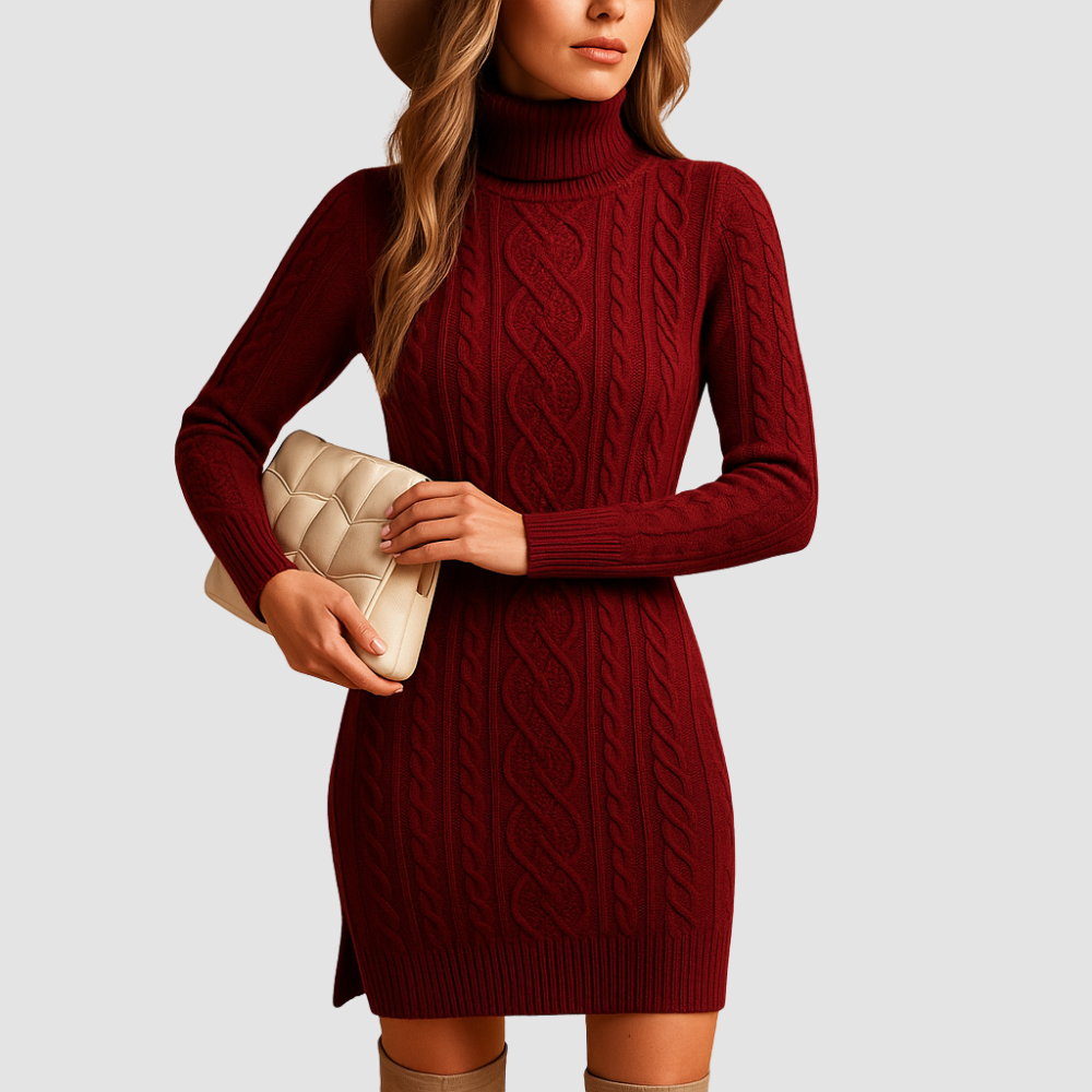 Chunky knit turtleneck sweater dress for women