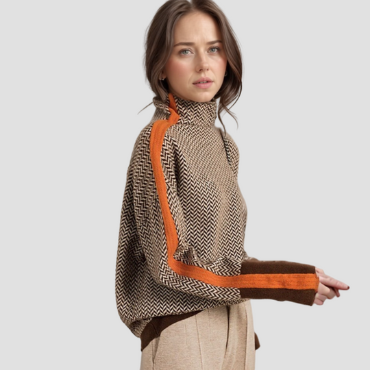 Mary - Women’s Turtleneck Sweater - Herringbone Knit - Relaxed Fit - Contrast Sleeve Stripes