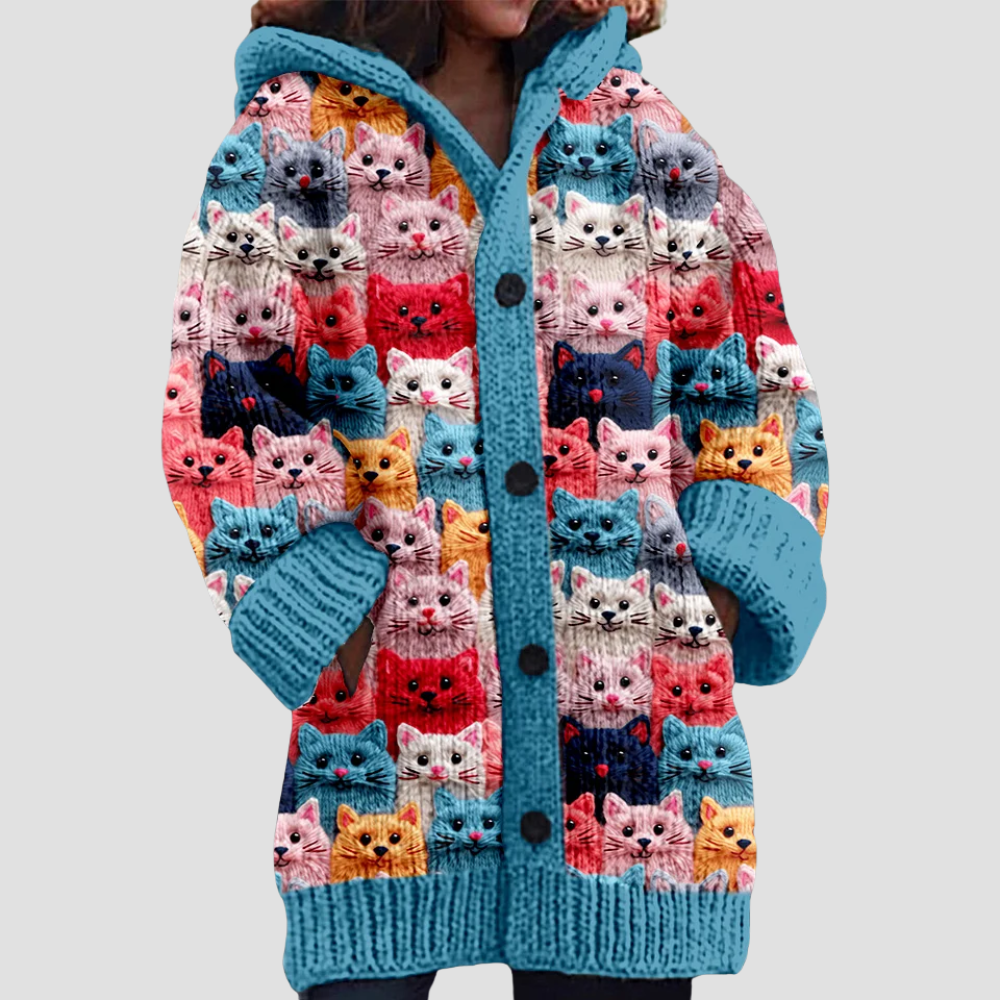 Women's Hooded Cardigan with Colorful Cat Print