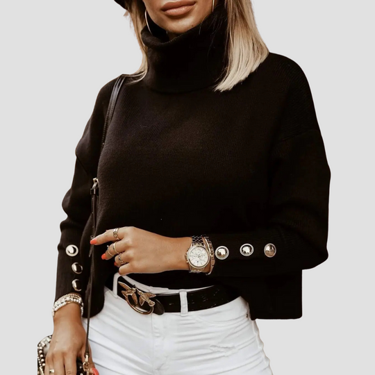 Sarah - Women's Turtleneck Sweater - Ribbed Knit - Button Cuff Detail - Cozy Loose Fit