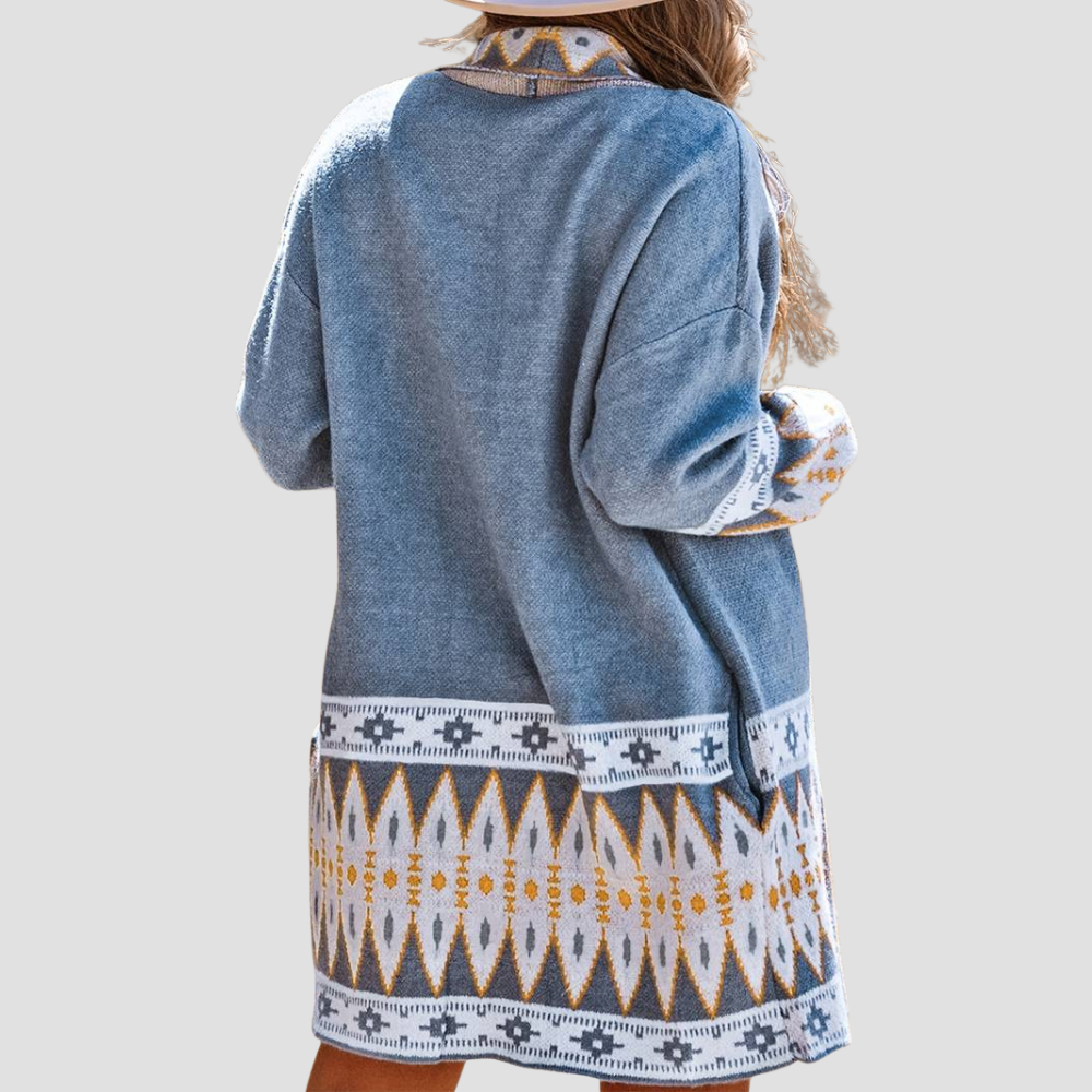 Noelle - Women's blue aztec cardigan sweater