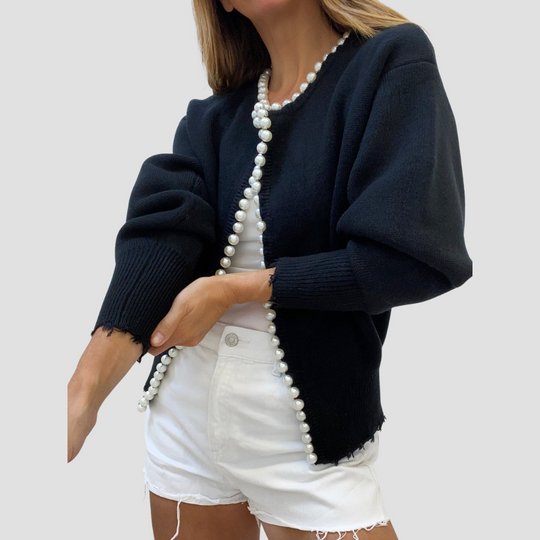 Milena - Pearl Trim Ripped Hem Cardigan