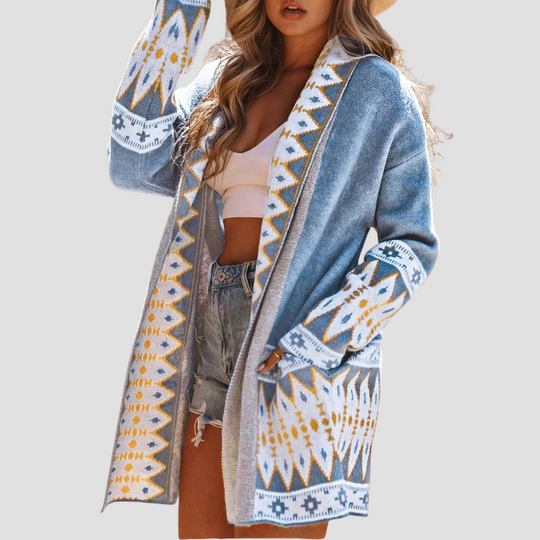 Noelle - Women's blue aztec cardigan sweater