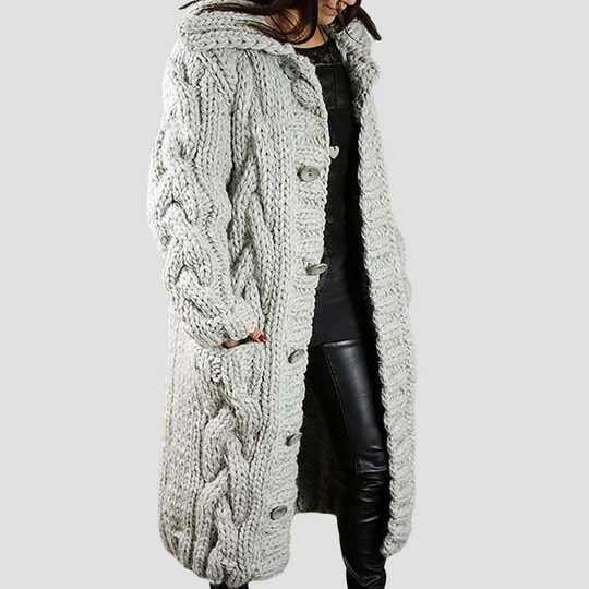 Louise - Women’s Chunky Knit Hooded Cardigan Coat, Long Cable Knit Sweater Jacket with Buttons