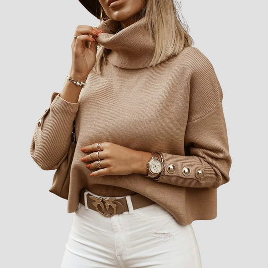 Sarah - Women's Turtleneck Sweater - Ribbed Knit - Button Cuff Detail - Cozy Loose Fit