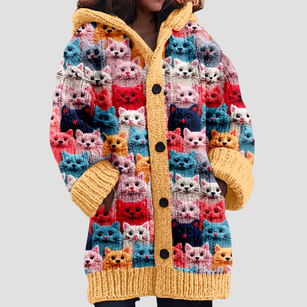Women's Hooded Cardigan with Colorful Cat Print