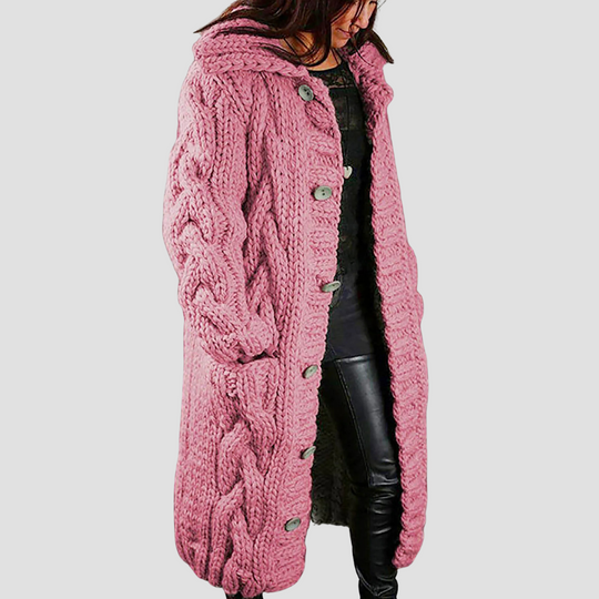 Louise - Women’s Chunky Knit Hooded Cardigan Coat, Long Cable Knit Sweater Jacket with Buttons