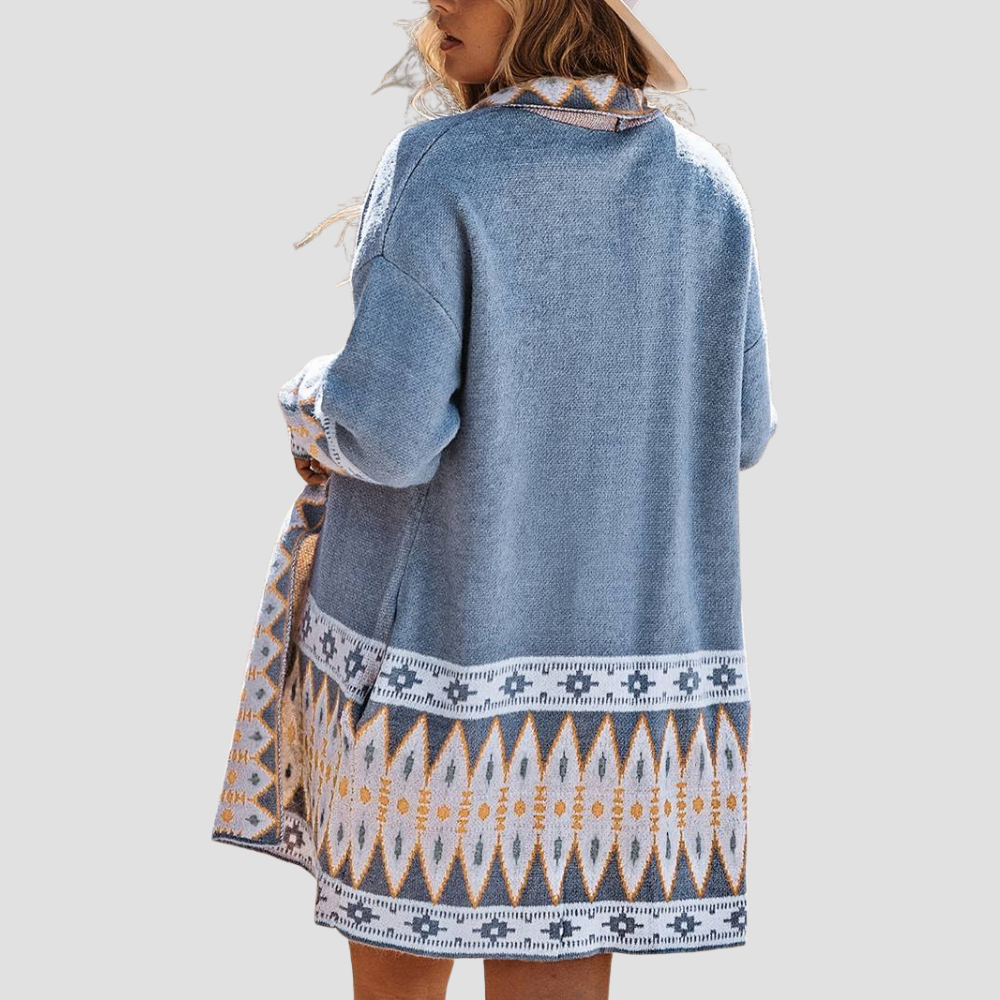 Noelle - Women's blue aztec cardigan sweater