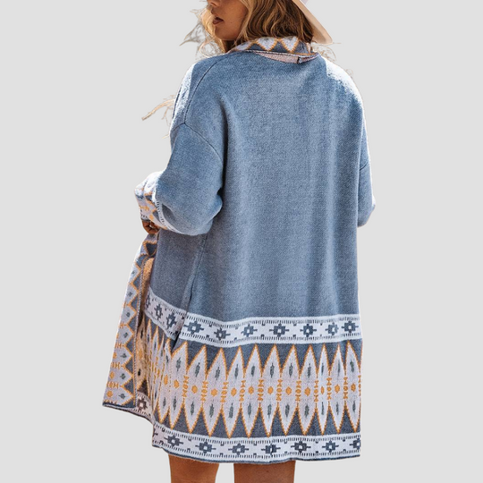 Noelle - Women's blue aztec cardigan sweater