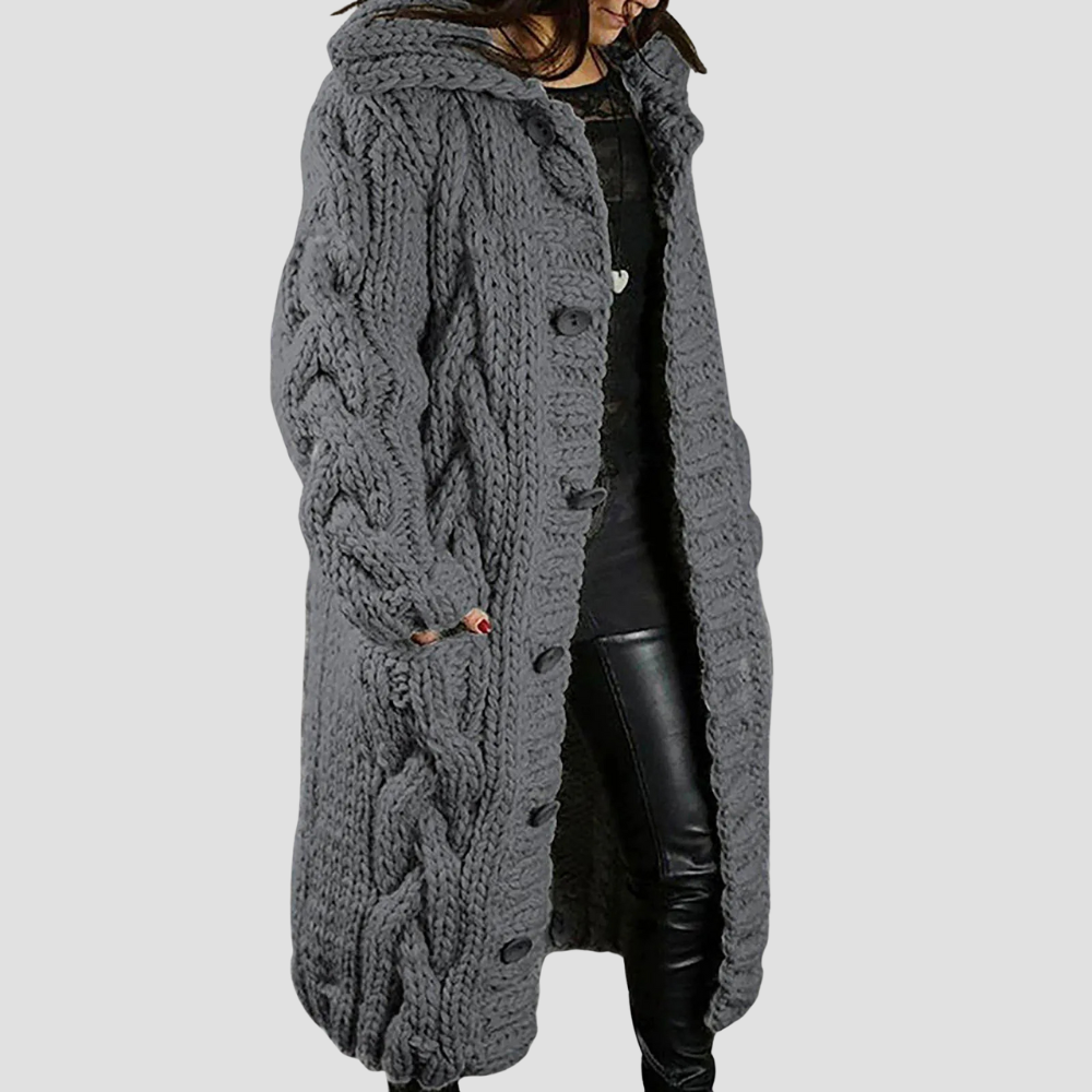 Louise - Women’s Chunky Knit Hooded Cardigan Coat, Long Cable Knit Sweater Jacket with Buttons