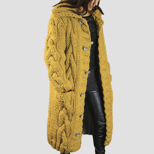 Louise - Women’s Chunky Knit Hooded Cardigan Coat, Long Cable Knit Sweater Jacket with Buttons