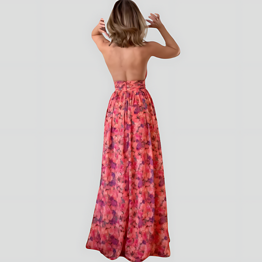 Boho Floral Halter Cut-Out Maxi Dress