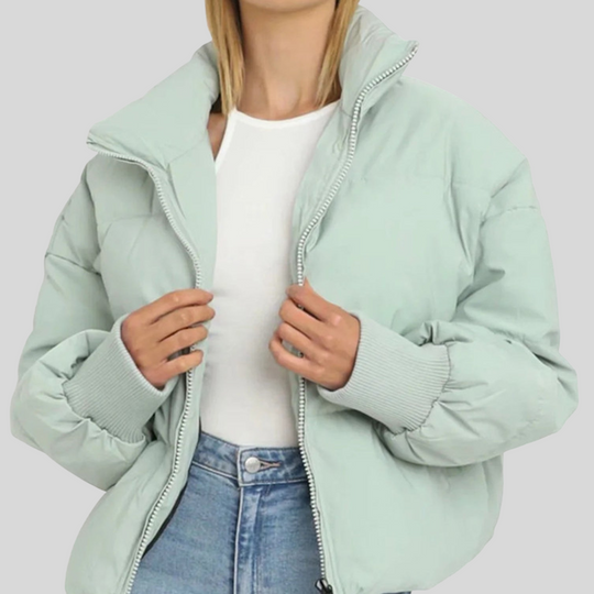 Women's Cropped Puffer Winter Jacket with Ribbed Cuffs