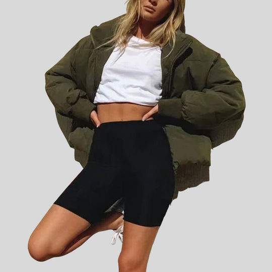 Women's Cropped Puffer Winter Jacket with Ribbed Cuffs