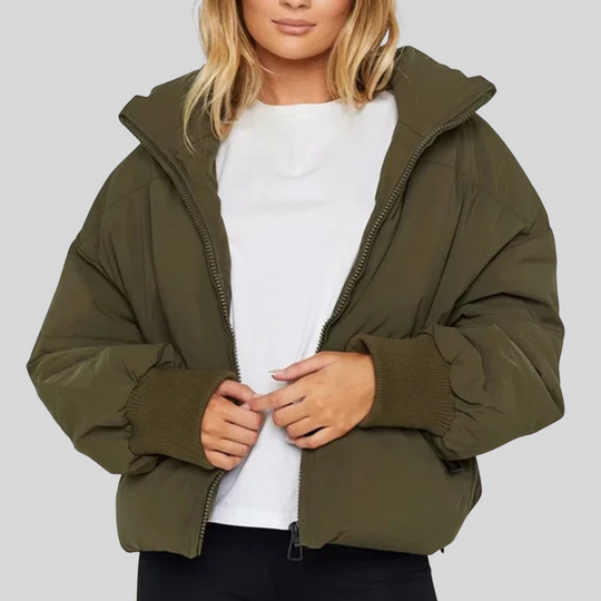 Women's Cropped Puffer Winter Jacket with Ribbed Cuffs
