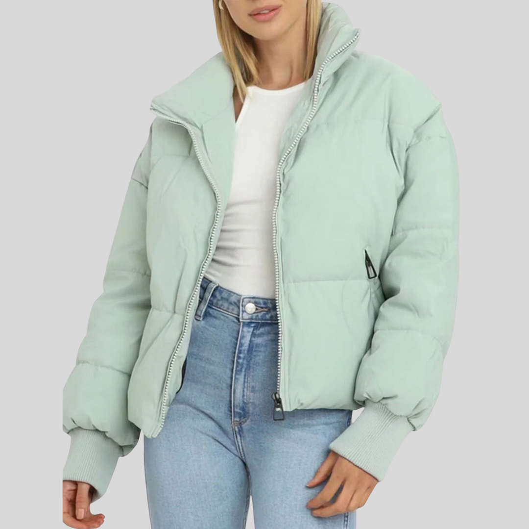 Women's Cropped Puffer Winter Jacket with Ribbed Cuffs