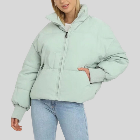 Women's Cropped Puffer Winter Jacket with Ribbed Cuffs