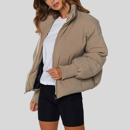 Women's Cropped Puffer Winter Jacket with Ribbed Cuffs