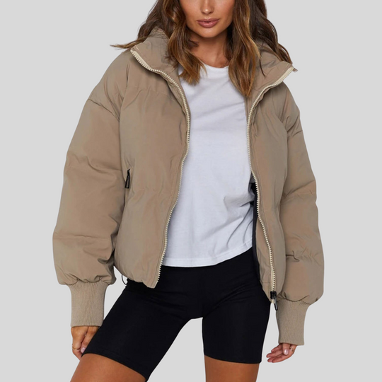 Women's Cropped Puffer Winter Jacket with Ribbed Cuffs