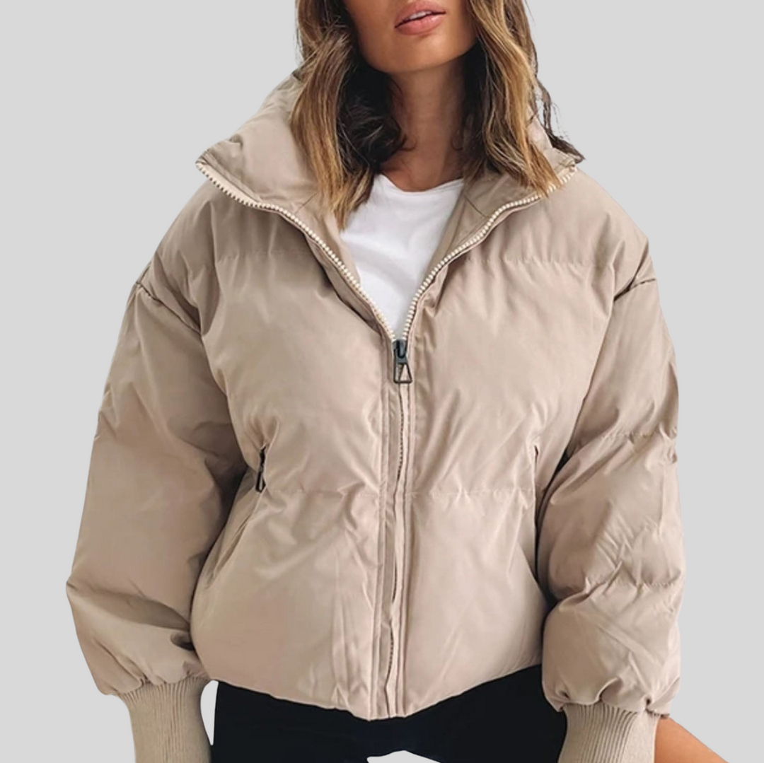 Women's Cropped Puffer Winter Jacket with Ribbed Cuffs
