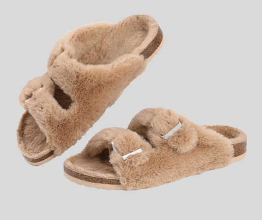 Women's Faux Fur Slippers with Adjustable Buckle