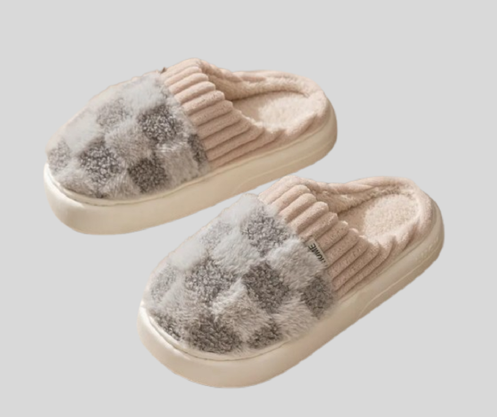 Fluffy Checkered Indoor Slippers for Women