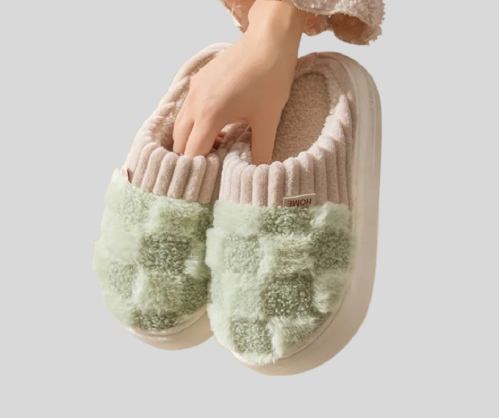 Fluffy Checkered Indoor Slippers for Women