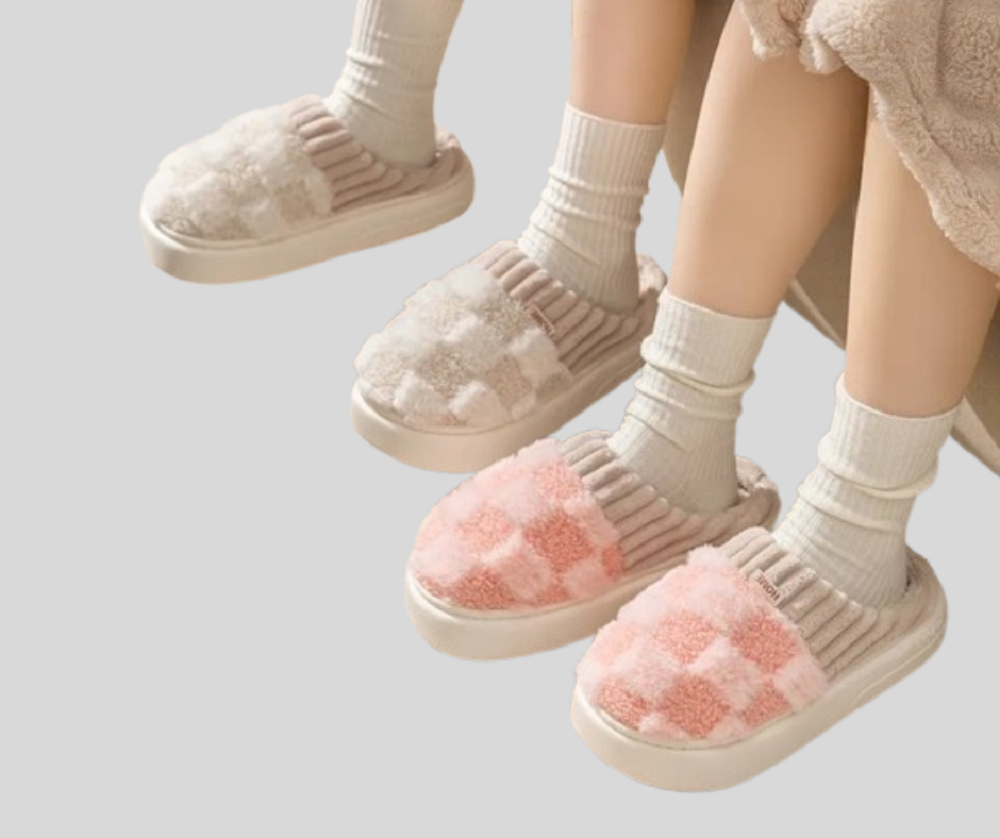 Fluffy Checkered Indoor Slippers for Women