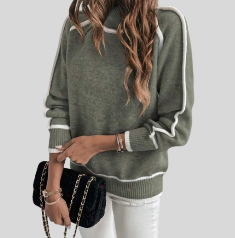 Women's High Neck Long Sleeve Sweater with Contrasting Detail