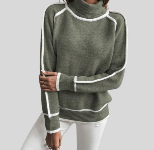 Women's High Neck Long Sleeve Sweater with Contrasting Detail