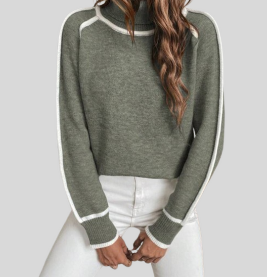 Women's High Neck Long Sleeve Sweater with Contrasting Detail