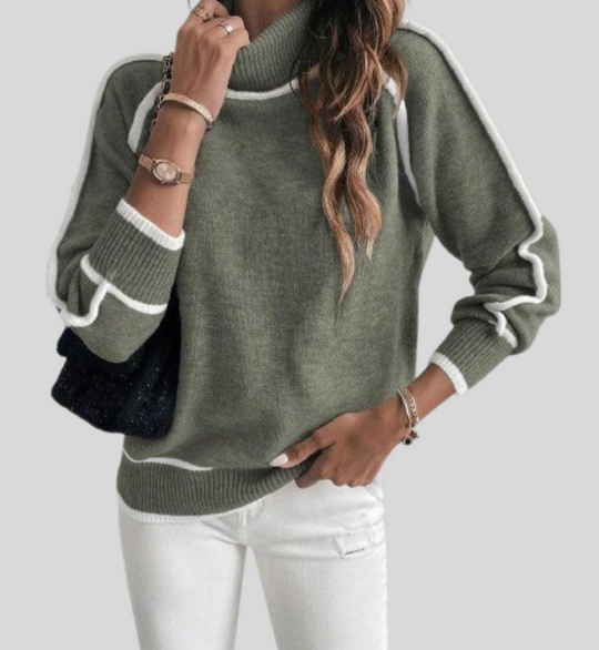 Women's High Neck Long Sleeve Sweater with Contrasting Detail