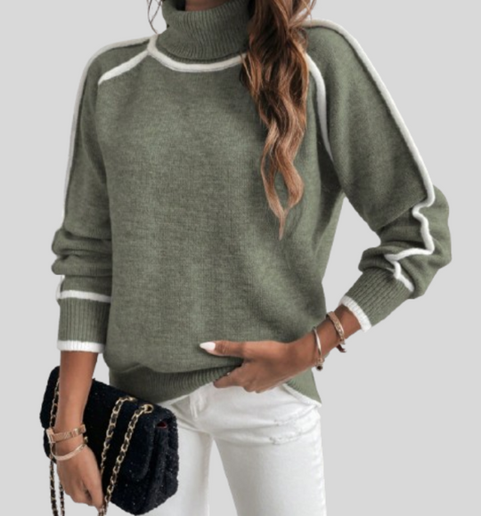 Women's High Neck Long Sleeve Sweater with Contrasting Detail