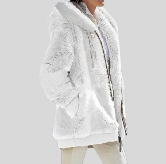 Women's Zip-up Jacket with Fluffy Collar and Hood