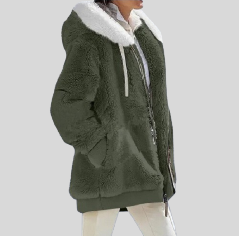 Women's Zip-up Jacket with Fluffy Collar and Hood