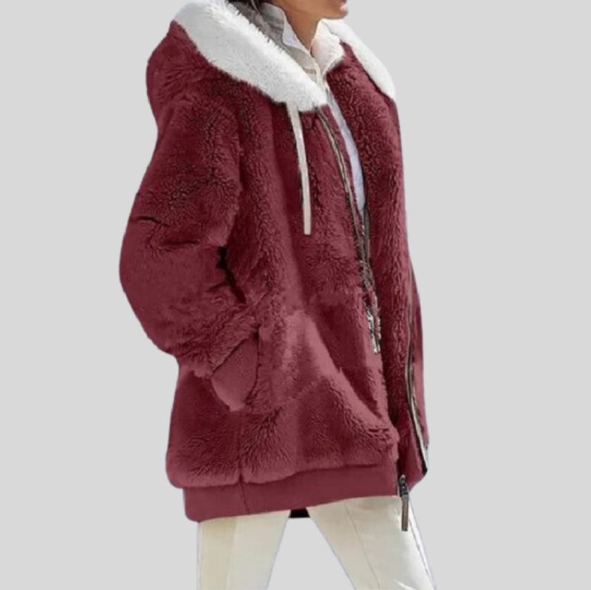 Women's Zip-up Jacket with Fluffy Collar and Hood