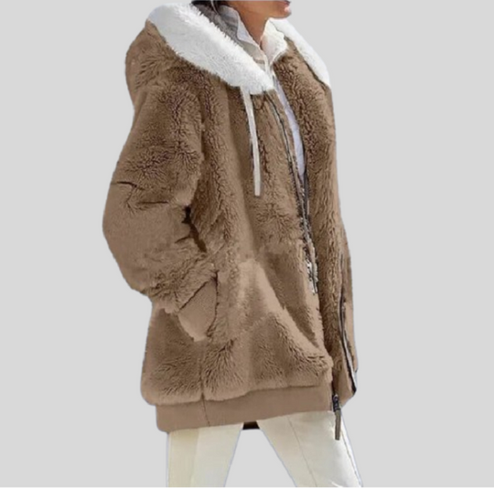 Women's Zip-up Jacket with Fluffy Collar and Hood